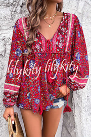 Intricate Floral Print V Neck Lace Up Paneled Long Sleeve Shirt