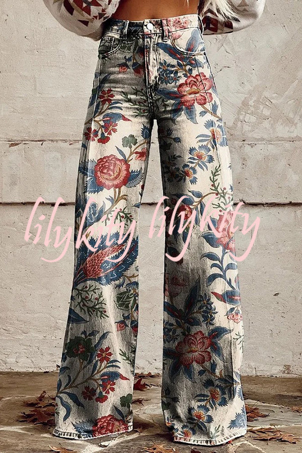 Casual Floral Print Button Pocket Wide Leg Pants