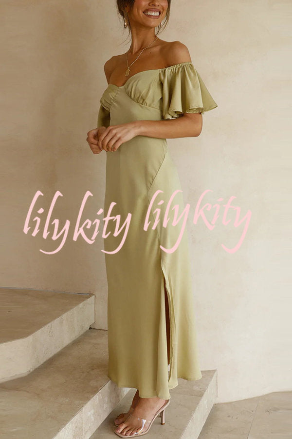 Pure Love Satin Butterfly Sleeve Slit Midi Dress