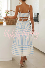 Exquisite Striped Suspender Hollow Pleated Patchwork Lace Up Midi Dress