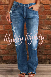 Vintage Washed Ripped Wide Leg Jeans