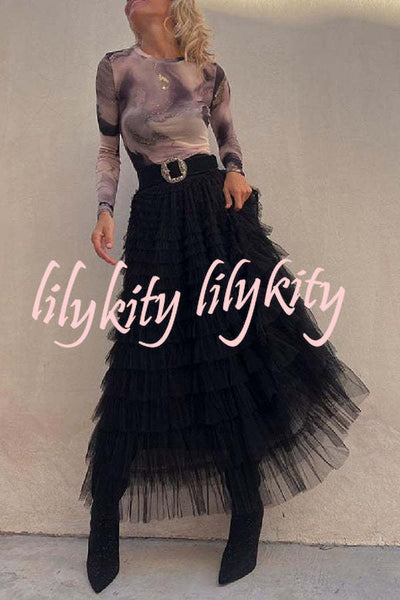 Be Your Own City Queen Tiered Elastic Waist Tulle Maxi Skirt