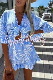 Zebra Print Ruffled Sleeves Dropped Sleeves V Neck Tie High Waist Romper