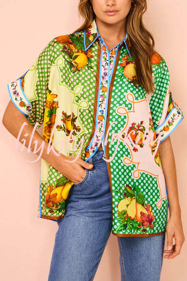 Enjoy Summer Lemon Satin Unique Print Button Down Oversized Blouse