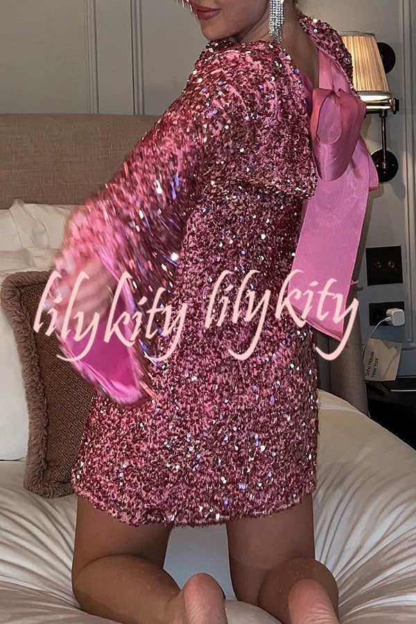 Dance All Night Sequin Back Tie Up Bow Loose Mini Dress