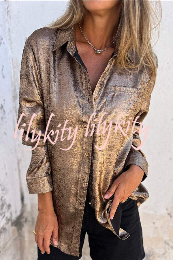 First and Fabulous Metallic Fabric Button Up Long Sleeve Loose Blouse