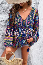 Intricate Floral Print V Neck Lace Up Paneled Long Sleeve Shirt