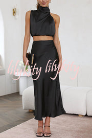 Such A Vibe High Neck Satin Drape Maxi Skirt Set