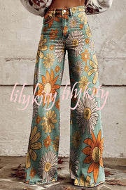 Casual Floral Print Button Pocket Wide Leg Pants