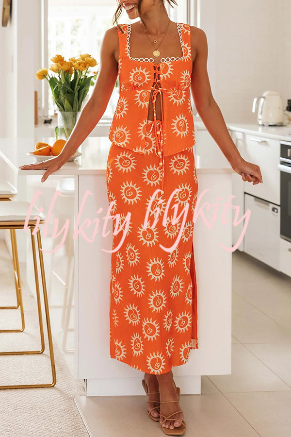 Fabulous Sunshine Print Lace Backless Slit Skirt Suit