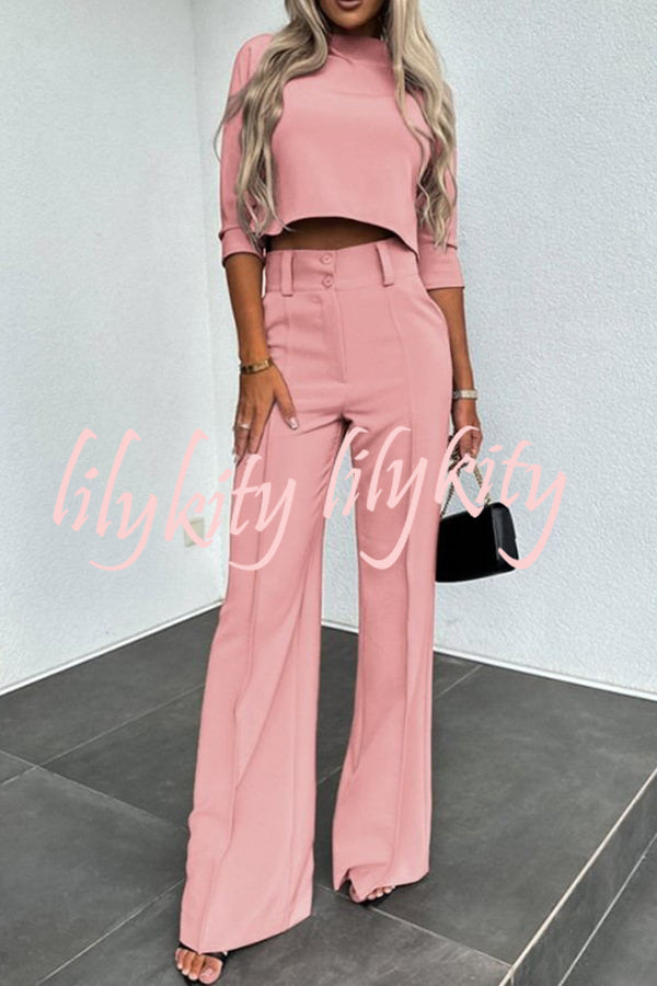 Luisa High Neck Half Sleeve Crop Top and High Rise Pocketed Flare Pants Set