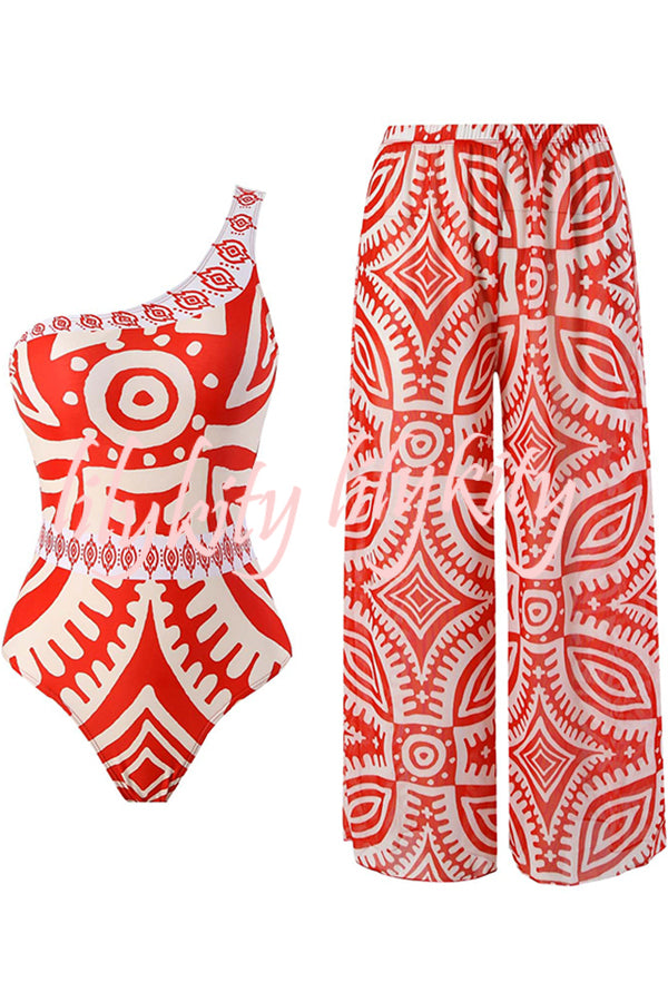 Unique printed swimsuit and elastic waist pants