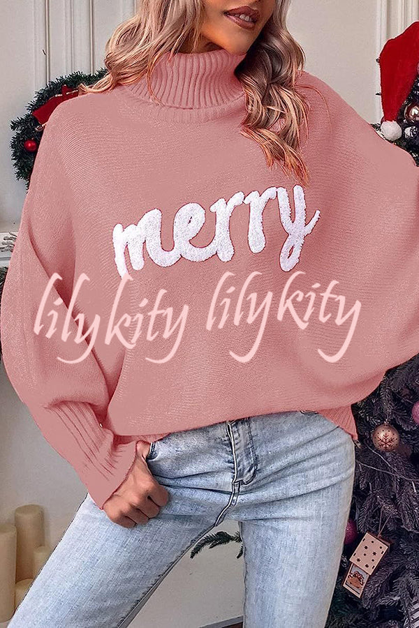 Happy Holidays Contrast Monogram Turtleneck Dolman Sleeve Sweater