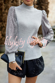 Sequined Paneled Knitted Long Sleeved Shirts