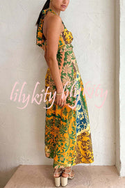 Colorful Dating Linen Blend Printed Cutout Back Smocked Halter Midi Dress