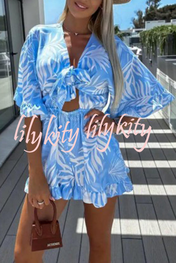 Zebra Print Ruffled Sleeves Dropped Sleeves V Neck Tie High Waist Romper