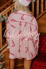 Candy Cane Kisses Satin Printed Elastic Waist Pocket Pajama Shorts Set