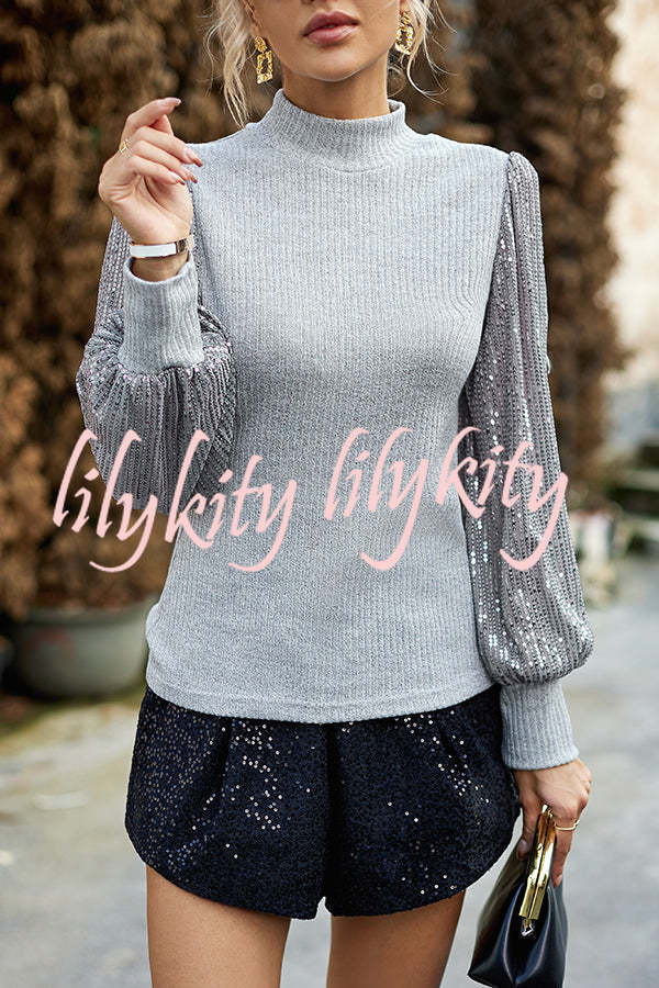 Sequined Paneled Knitted Long Sleeved Shirts