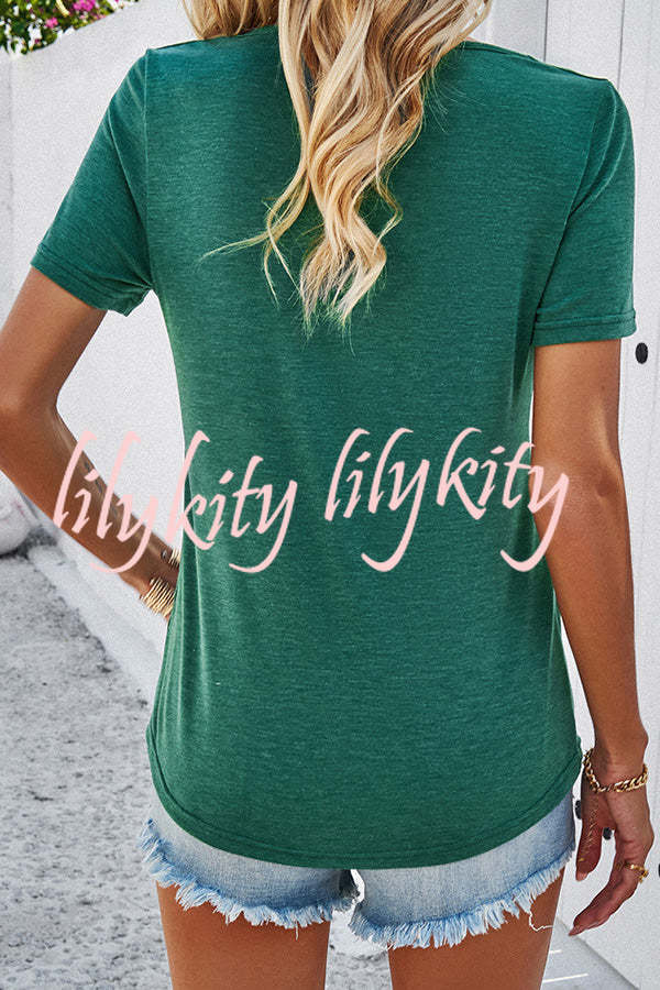 Casual Solid Color Short Sleeved V Neck Hollow T-Shirt