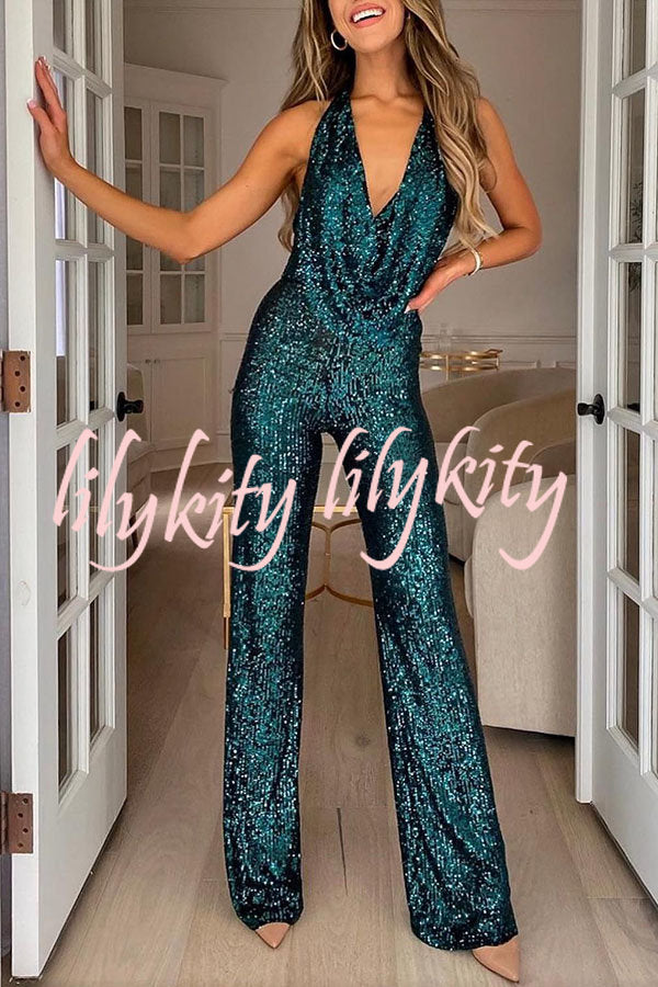 Shimmering Halter Style Drape Neck Wide Leg Jumpsuit