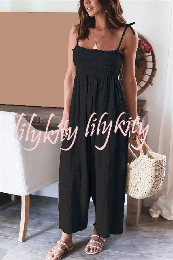 Elegant Solid Color High Waist Linen Blend Suspender Pleated Jumpsuit