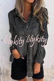 First and Fabulous Metallic Fabric Button Up Long Sleeve Loose Blouse