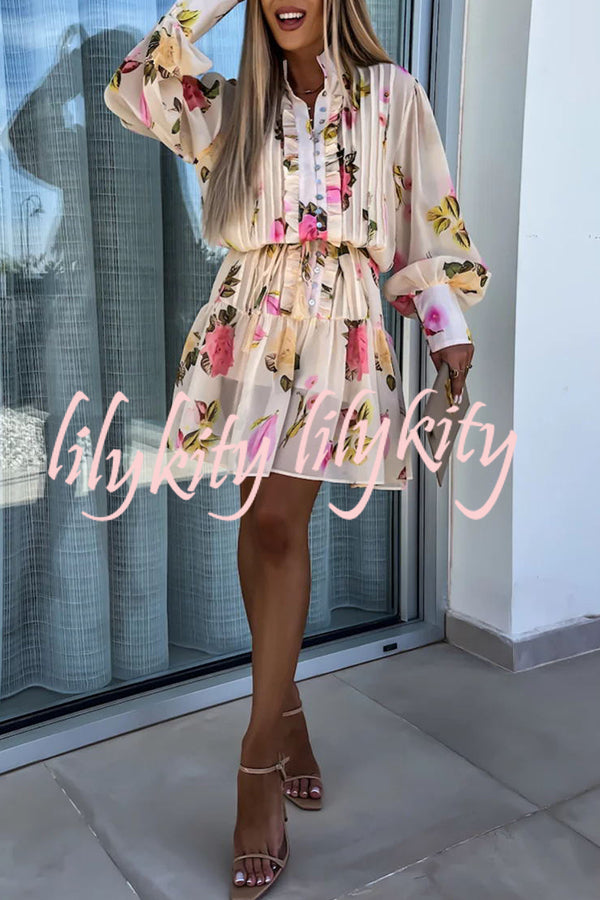 Sunset and Dreams Floral Print Subtle Tuck Lantern Sleeve Belt Mini Dress