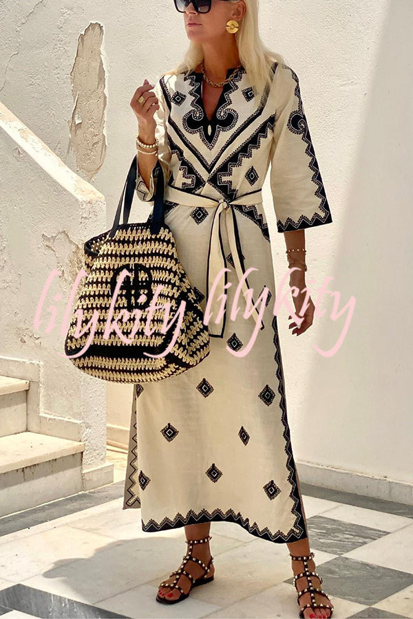 Quiet Atmosphere Linen Blend Ethnic Print Belted Midi Dress