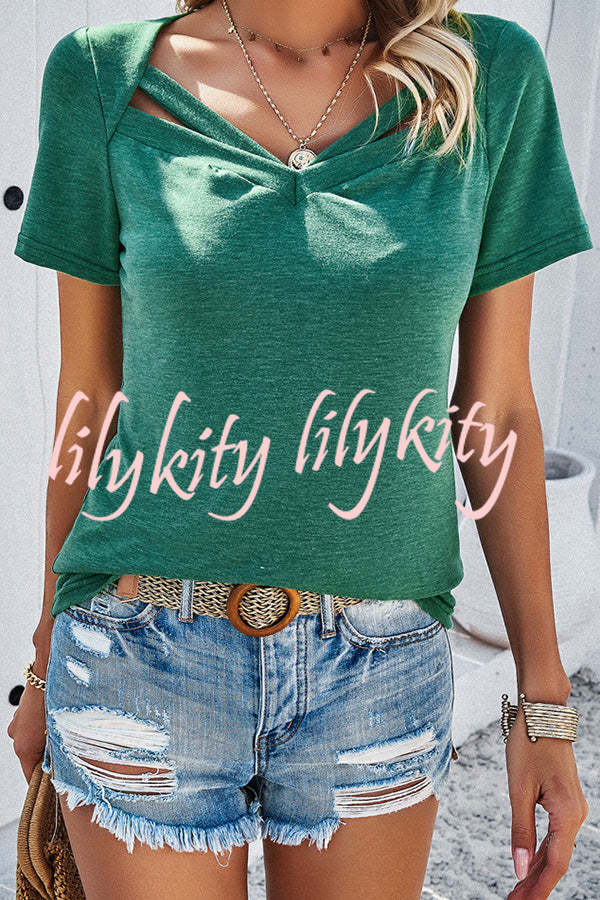 Casual Solid Color Short Sleeved V Neck Hollow T-Shirt