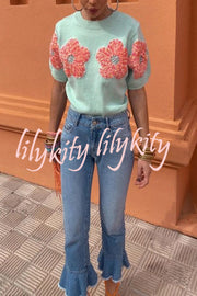 Contrast Color Floral Crew Neck Short Sleeved Sweaters