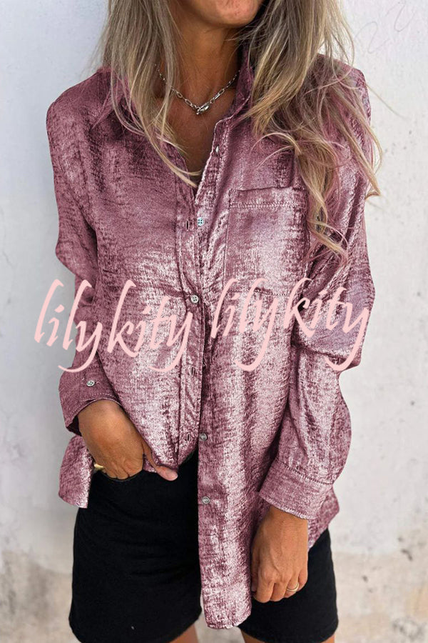 First and Fabulous Metallic Fabric Button Up Long Sleeve Loose Blouse