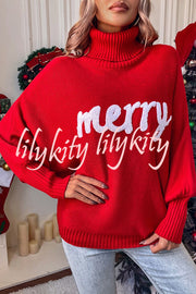 Happy Holidays Contrast Monogram Turtleneck Dolman Sleeve Sweater