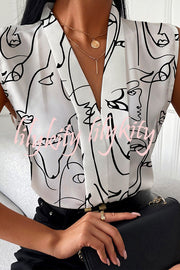 Marble / Abstract Print V-Neck Casual Top