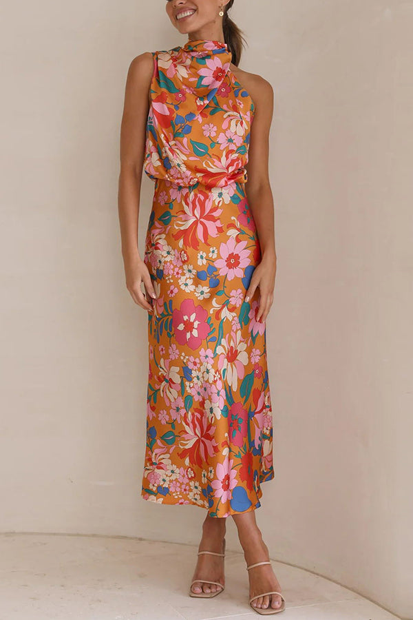 Fascinating Day Floral Halter Neck Elastic Waist Maxi Dress