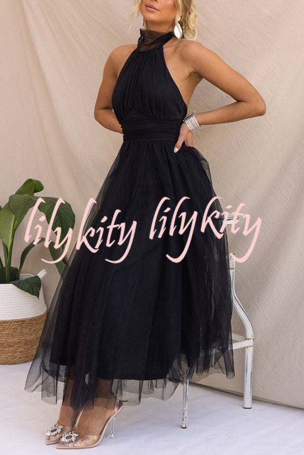 Fairy Vibes Tulle Gathered Detail Halter Maxi Dress