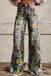 Casual Floral Print Button Pocket Wide Leg Pants