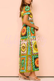 Exaggerated Unique Print Lace Up Button Maxi Dress