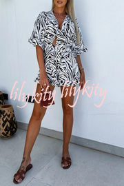 Zebra Print Ruffled Sleeves Dropped Sleeves V Neck Tie High Waist Romper