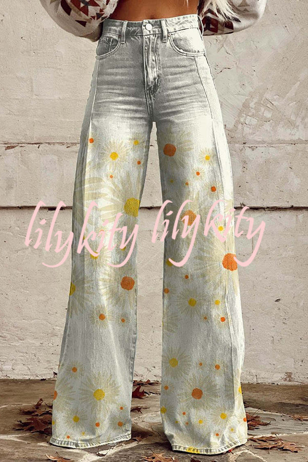 Casual Floral Print Button Pocket Wide Leg Pants