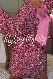 Dance All Night Sequin Back Tie Up Bow Loose Mini Dress