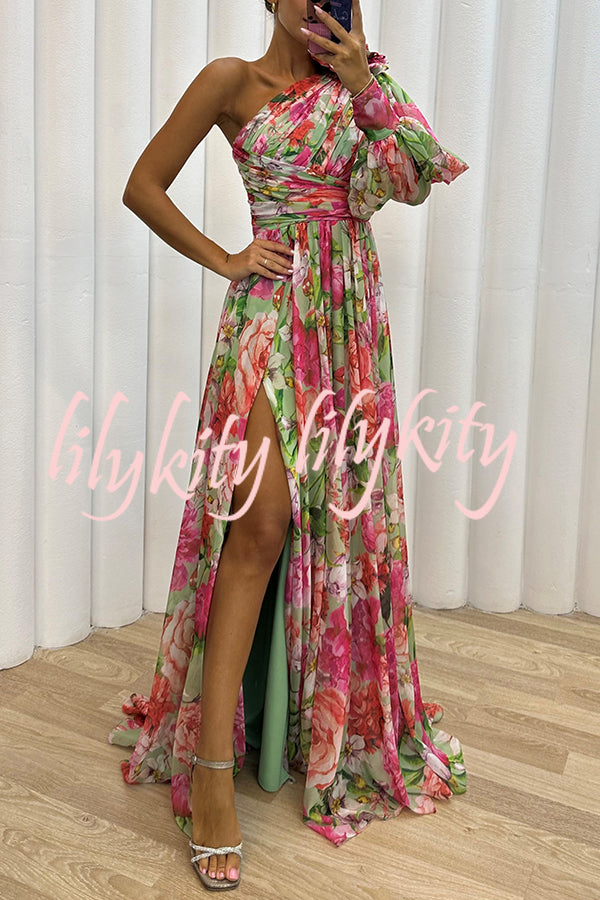 Let's Elope Floral Print Pleated One Shoulder Sleeve Slit Maxi Dress