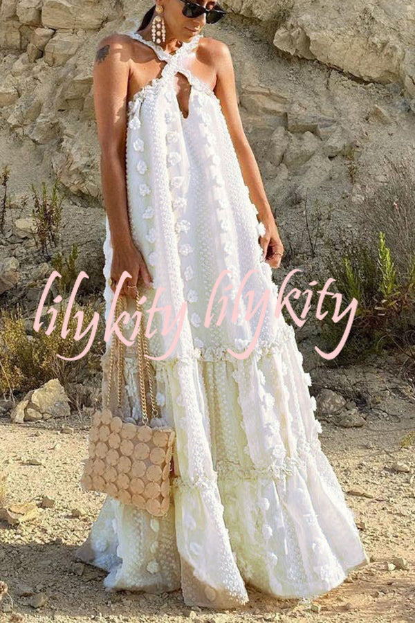 Sweet By The Sea Flower Decor Halter Maxi Dress