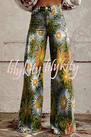 Casual Floral Print Button Pocket Wide Leg Pants