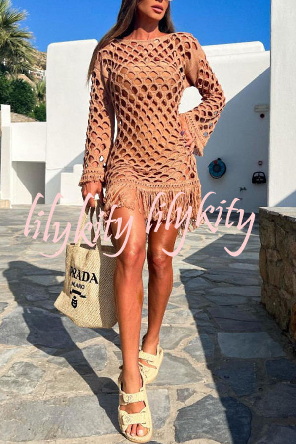 Beautiful Long Sleeved Pullover Fringed Mesh Cover Up