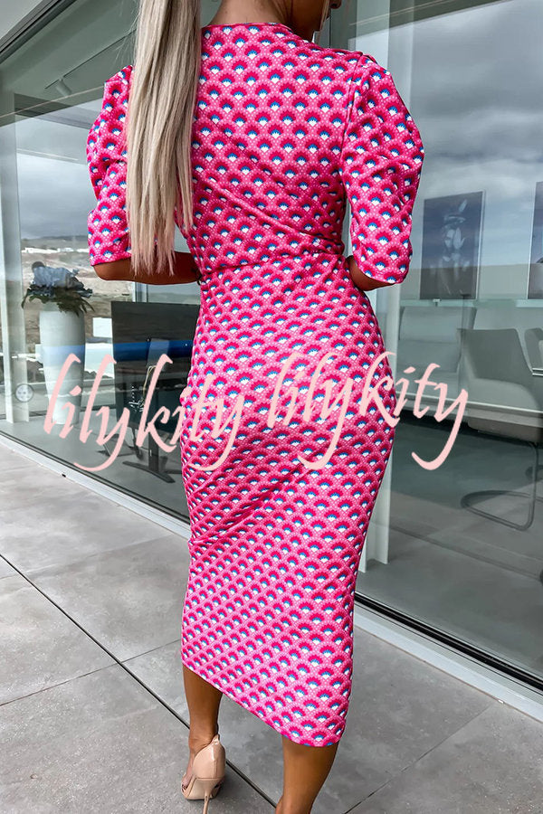 Late Night Gala Satin Printed Puff Sleeve Midi Dress