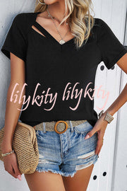 Casual Solid Color Short Sleeved V Neck Hollow T-Shirt