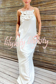 Vacay Ready Linen Blend Floral Embellishment Pocketed Slit Maxi Dress