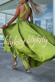 Different Elegant Effects Satin Free Tie Neck Slit Maxi Dress