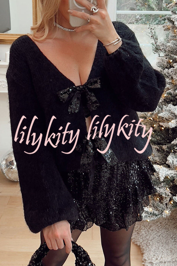 Misty Starlight Tie Front Sequin Bow Loose Sweater