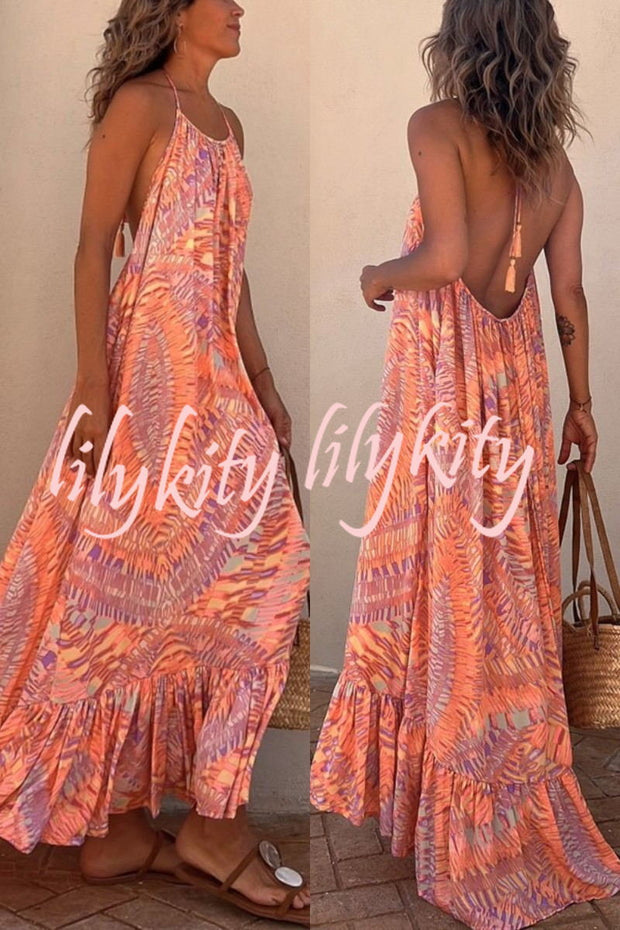 Sunita Ethnic Print A-line Halter Tassel Vacation Maxi Dress